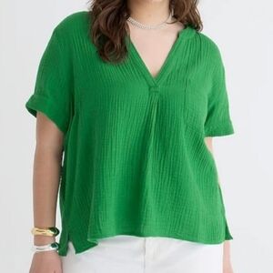 J. Crew Kelly Green Double Gauze V Neck Small Short Sleeve Popover